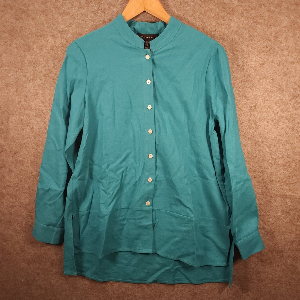 Tahari Shirt Women S Oversized Teal Blue Linen Blend Button Up Lagenlook Coastal